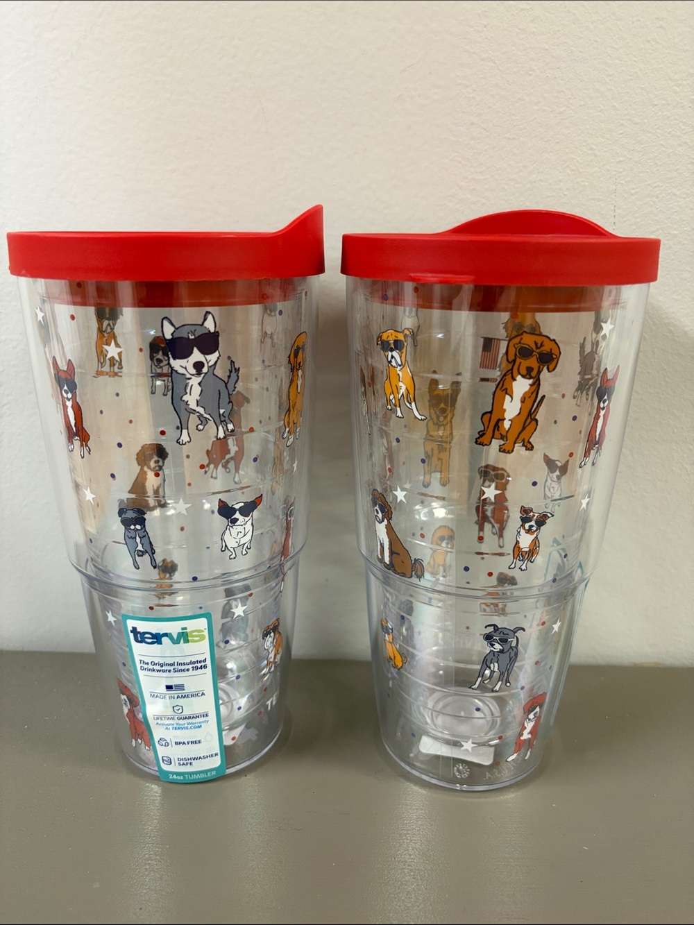 tervis Clear Dog Pattern Tumbler Pair with Red Lids set of 2 New